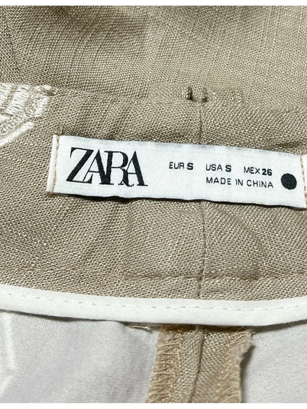 Zara tan linen embroidered wide leg trouser pants size S